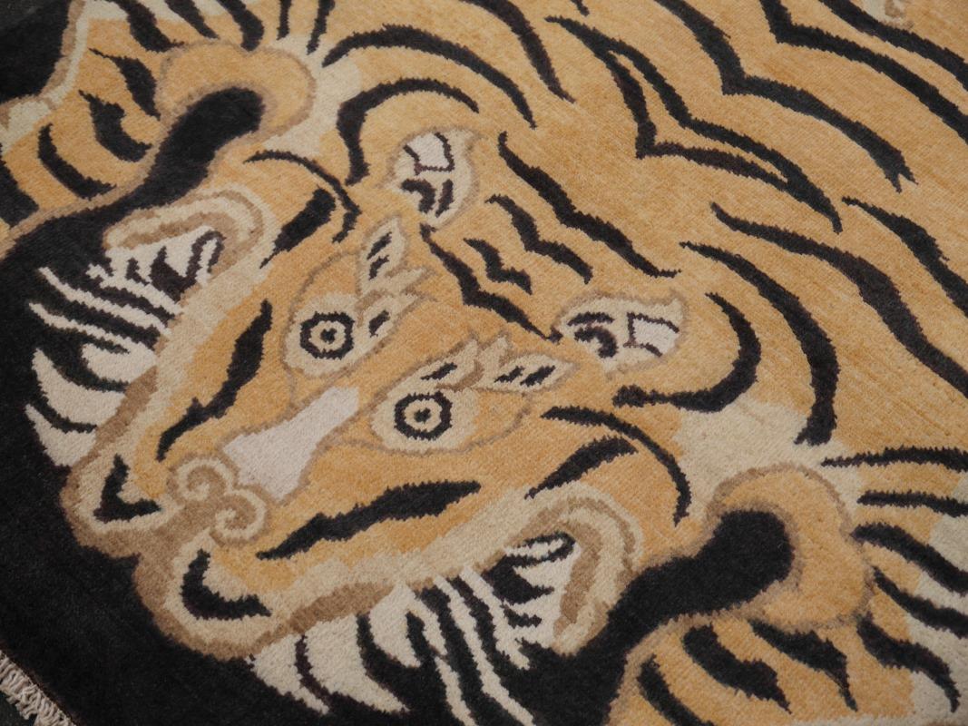 Nepalese Djoharian Collection Tiger Rug Wool Hand Knotted Antique Tibetan Design For Sale