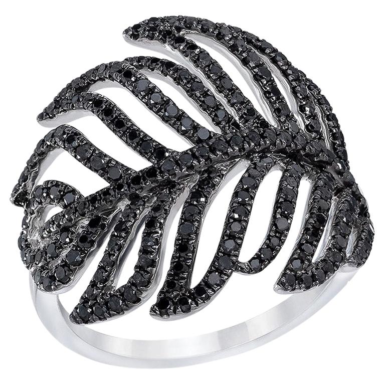 D'Jula 18 Karat White Gold Feather Ring with 1.00 Carat Black Diamonds For Sale