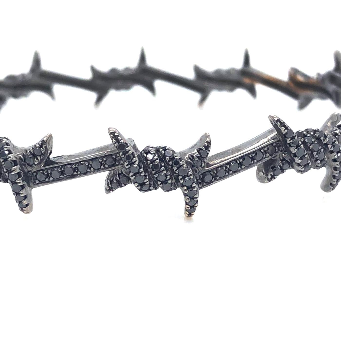 Brilliant Cut Djula Black Gold Barbed Wire Semi Pave White Diamond 18 Carat Bangle Bracelet