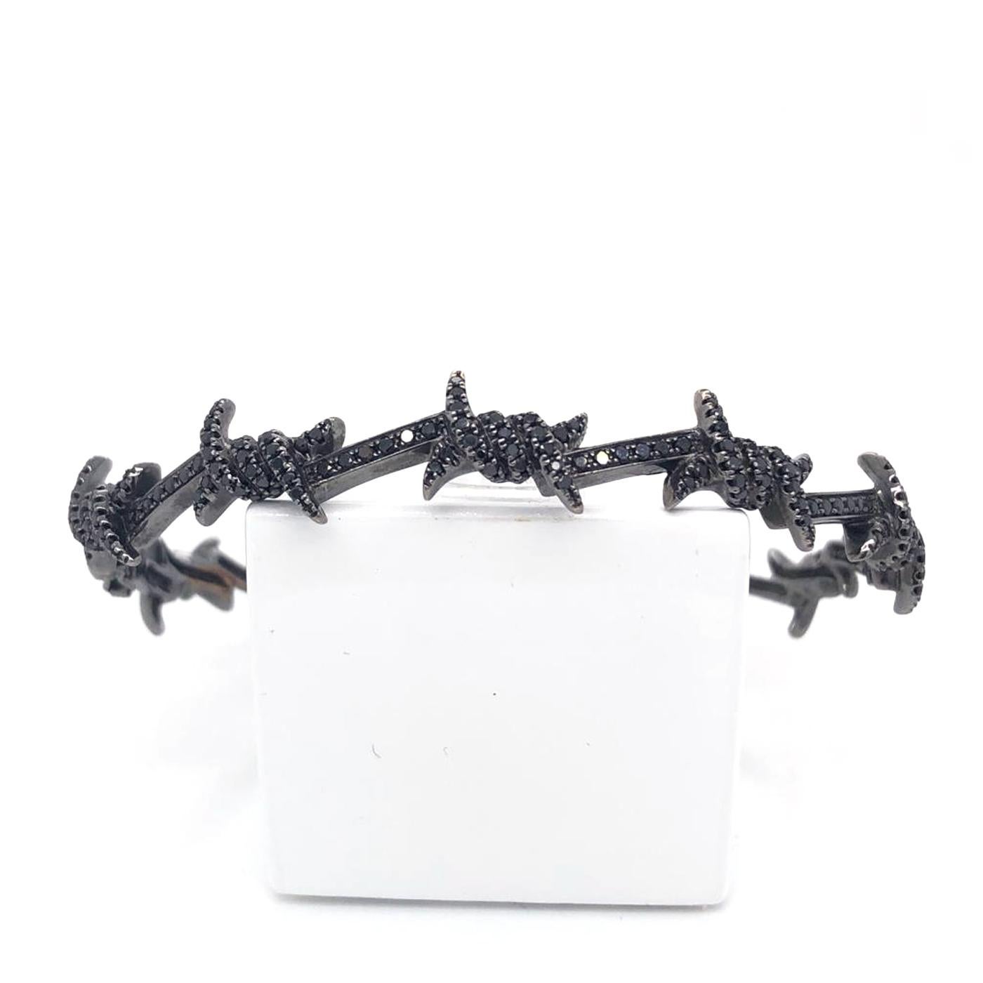 Djula Black Gold Barbed Wire Semi Pave White Diamond 18 Carat Bangle Bracelet In Good Condition In Aventura, FL