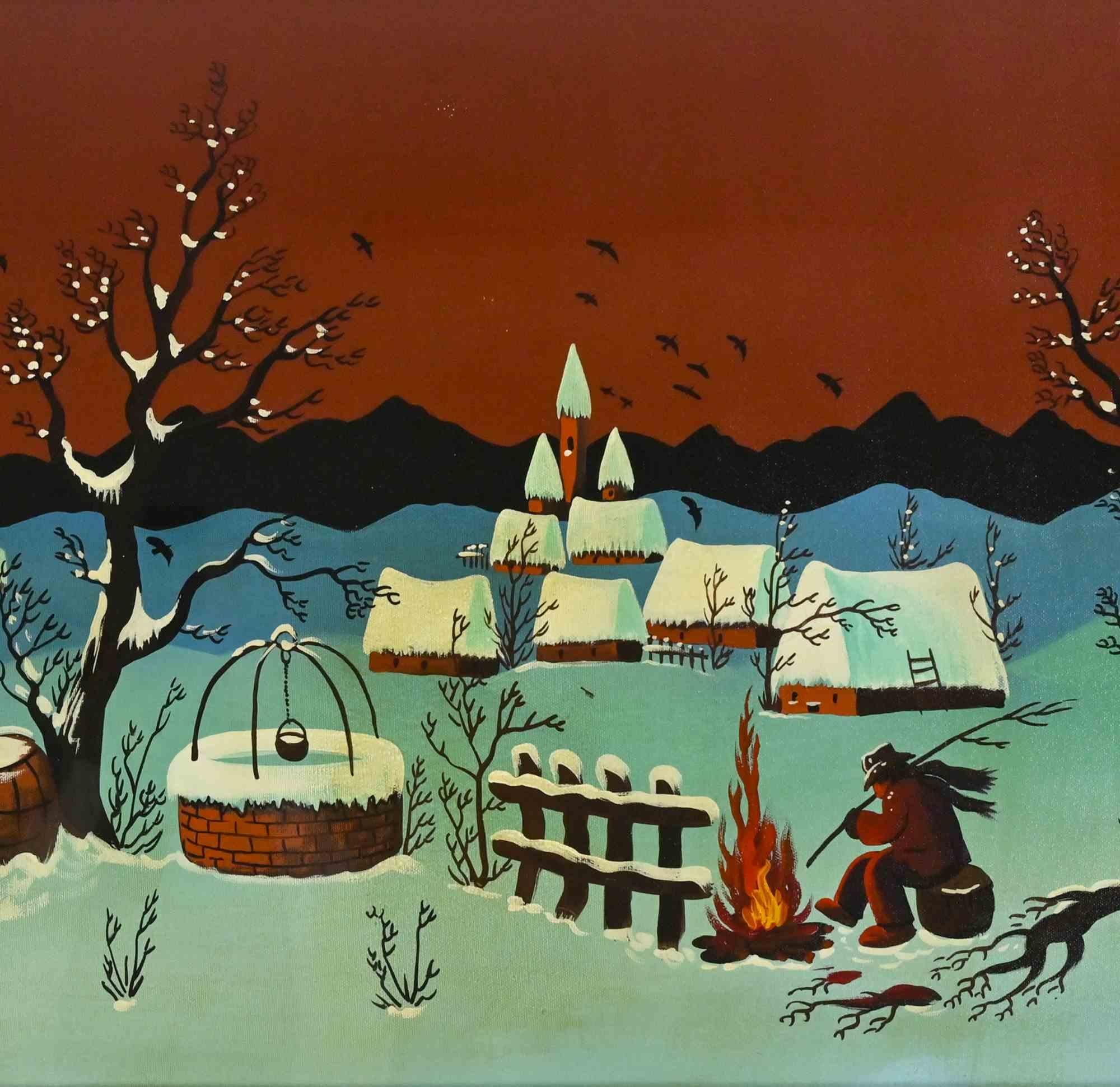 Winterlandschaft – Ölgemälde von Djuro Jacovic – 1970er Jahre im Angebot 1