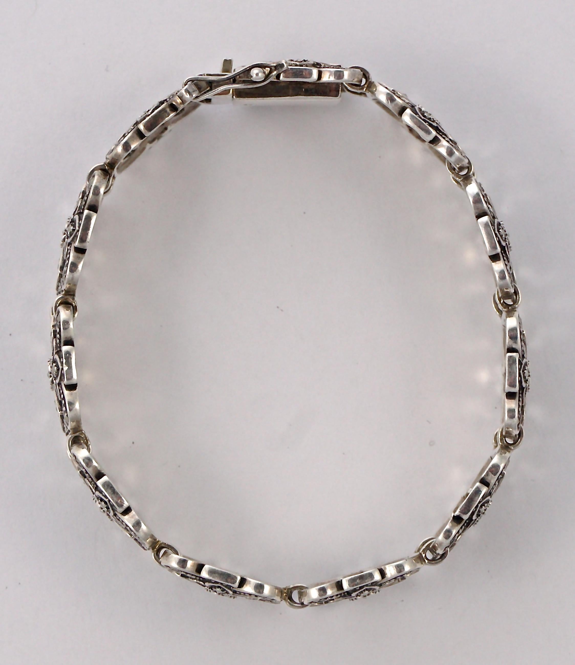 DK English Sterling Silver and Marcasite Panel Link Bracelet For Sale 3