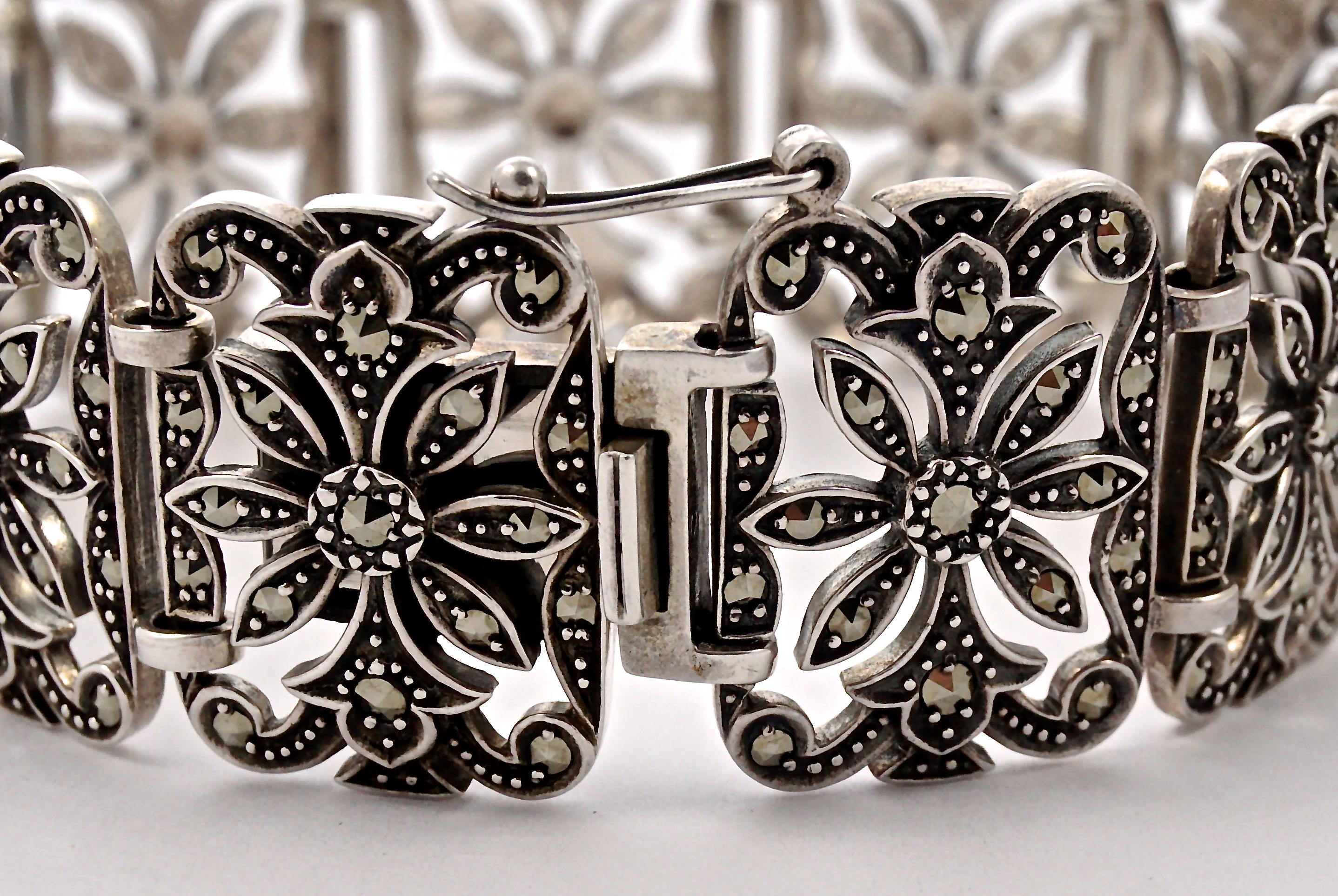 Round Cut DK English Sterling Silver and Marcasite Panel Link Bracelet For Sale