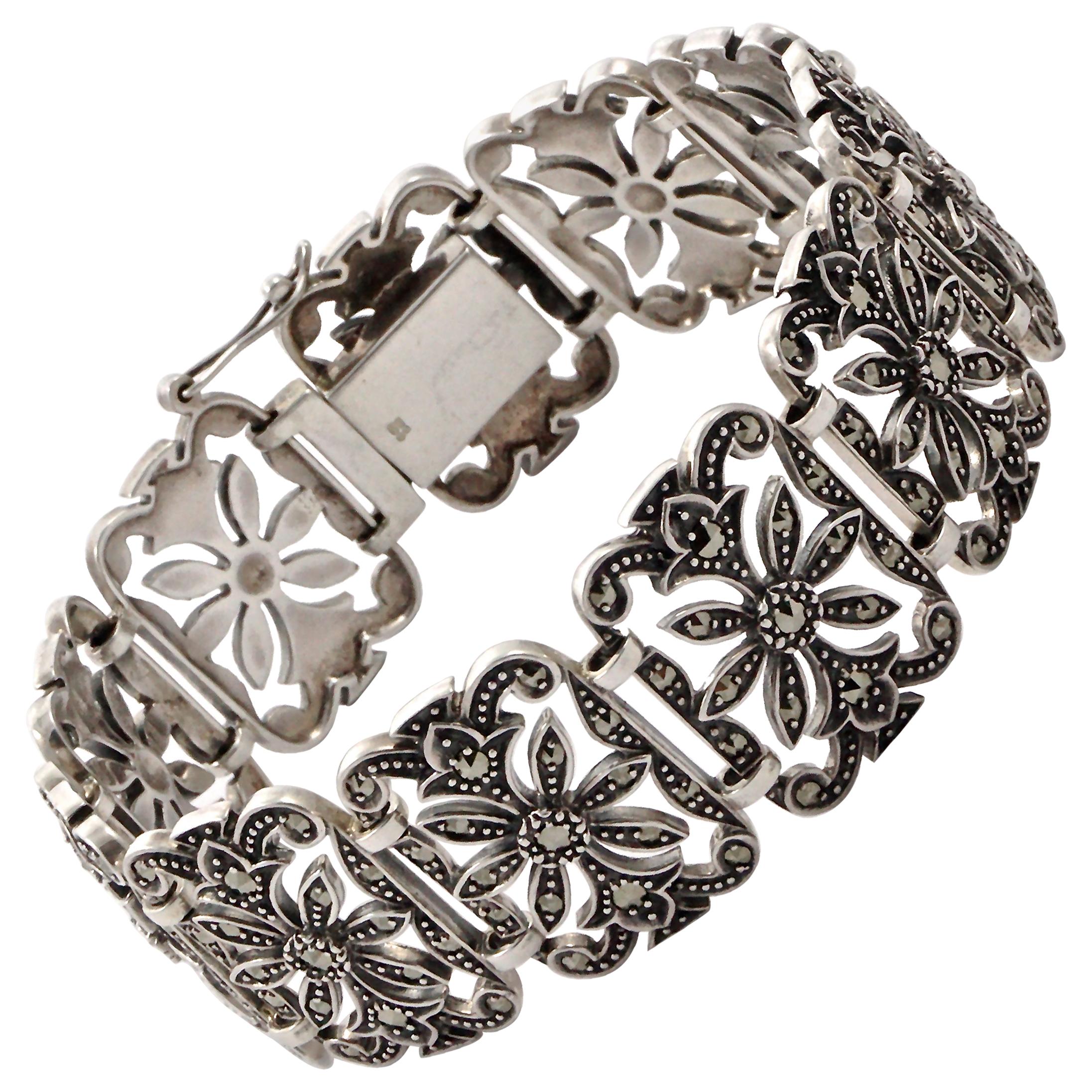 Vintage Sterling Silver Bracelet 925 7.5” Bead Pearl Heart Marcasite 