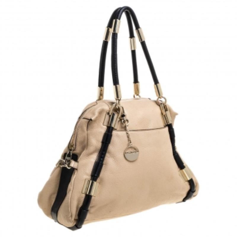 Women's DKNY Beige/Black Leather Metal Detail Satchel For Sale