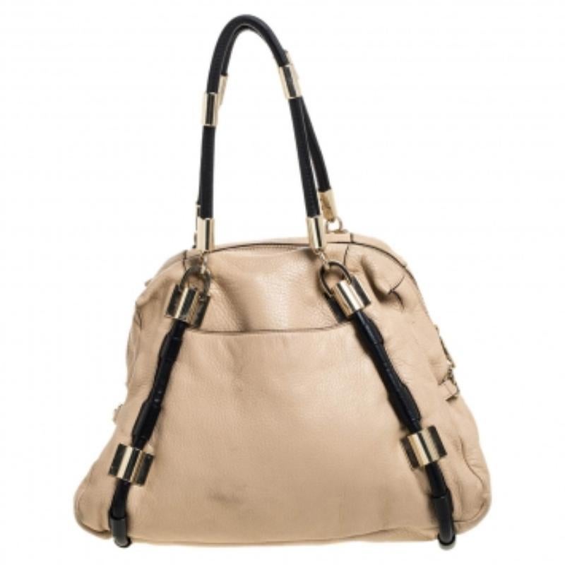 DKNY Beige/Black Leather Metal Detail Satchel For Sale 1
