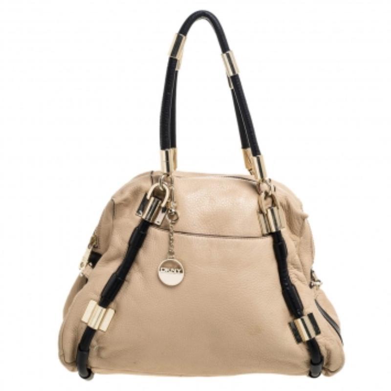 DKNY Beige/Black Leather Metal Detail Satchel For Sale