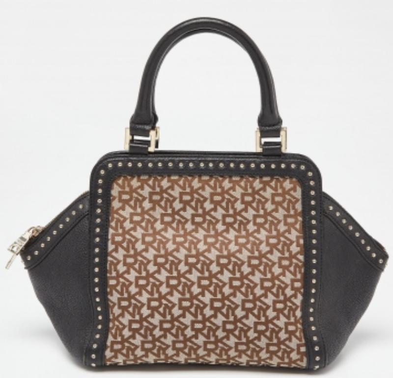 DKNY Beige/Nero: borsa firmata in tela e pelle con borchie in vendita 3