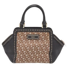DKNY Beige/Black Signature Canvas and Leather Studded Satchel