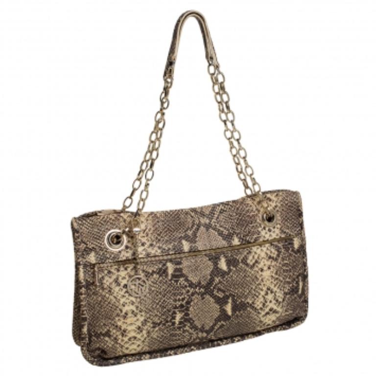 This DKNY shoulder bag is truly timeless, stylish, and versatile. Crafted from snakeskin embossed leather in black and beige shades, the bag is equipped with a spacious interior and help by an opulent chain handle. This chic bag will be great for