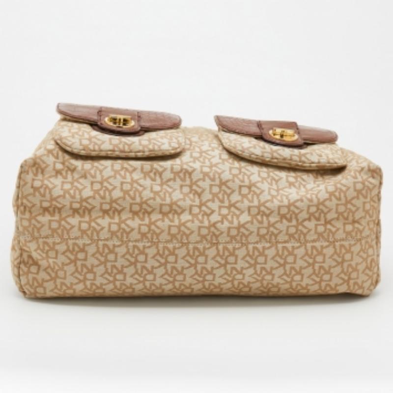 DKNY Beige/Brown Monogram Canvas and Croc Embossed Leather Turnlock Pocket Bag In Fair Condition For Sale In Dubai, Al Qouz 2
