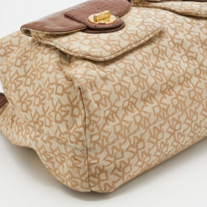 DKNY Beige/Brown Monogram Canvas and Croc Embossed Leather Turnlock Pocket Bag For Sale 2