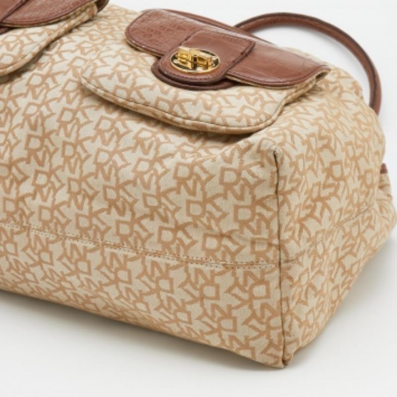 DKNY Beige/Brown Monogram Canvas and Croc Embossed Leather Turnlock Pocket Bag For Sale 3