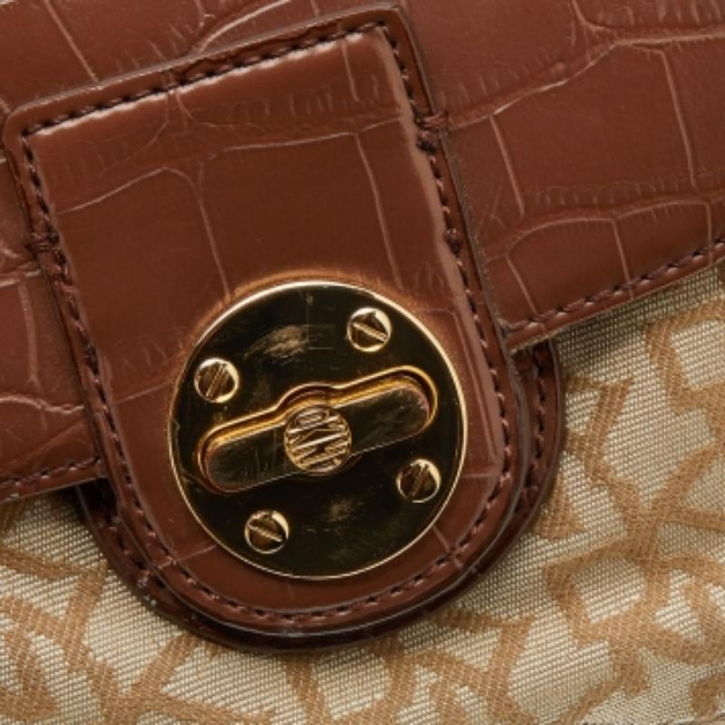DKNY Beige/Brown Monogram Canvas and Croc Embossed Leather Turnlock Pocket Bag For Sale 4
