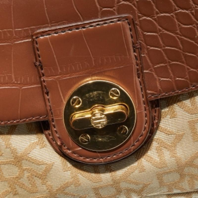 DKNY Beige/Brown Monogram Canvas and Croc Embossed Leather Turnlock Pocket Bag For Sale 5