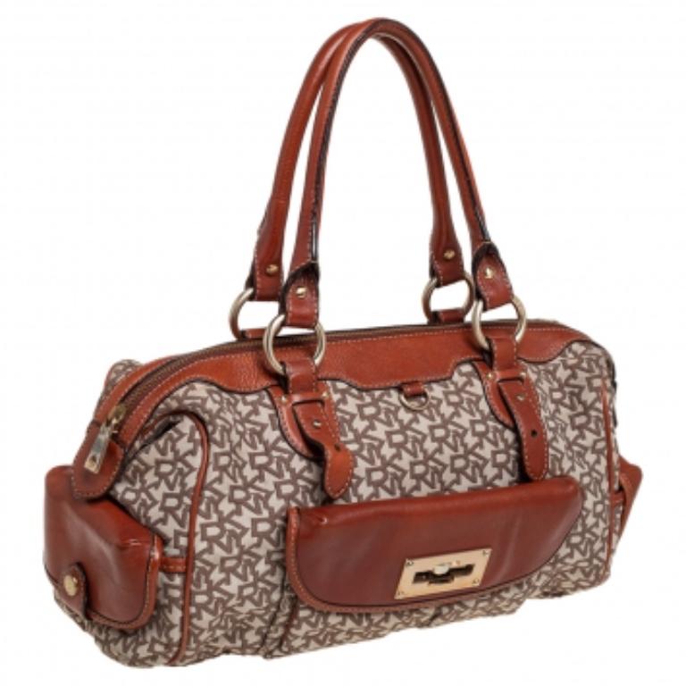 Women's DKNY Beige/Brown Signature Canvas and Leather Satchel For Sale