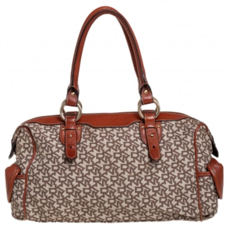 DKNY Beige/Brown Signature Canvas and Leather Satchel For Sale 1