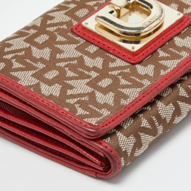DKNY Beige/Red Signature Canvas and Leather French Wallet For Sale 3