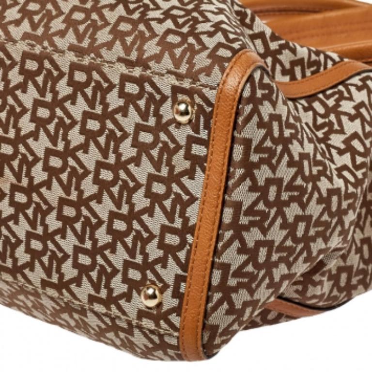 Brown Dkny Beige/Tan Signature Canvas and Leather Tote For Sale