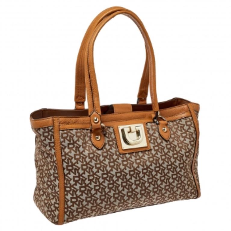 Women's Dkny Beige/Tan Signature Canvas and Leather Tote For Sale
