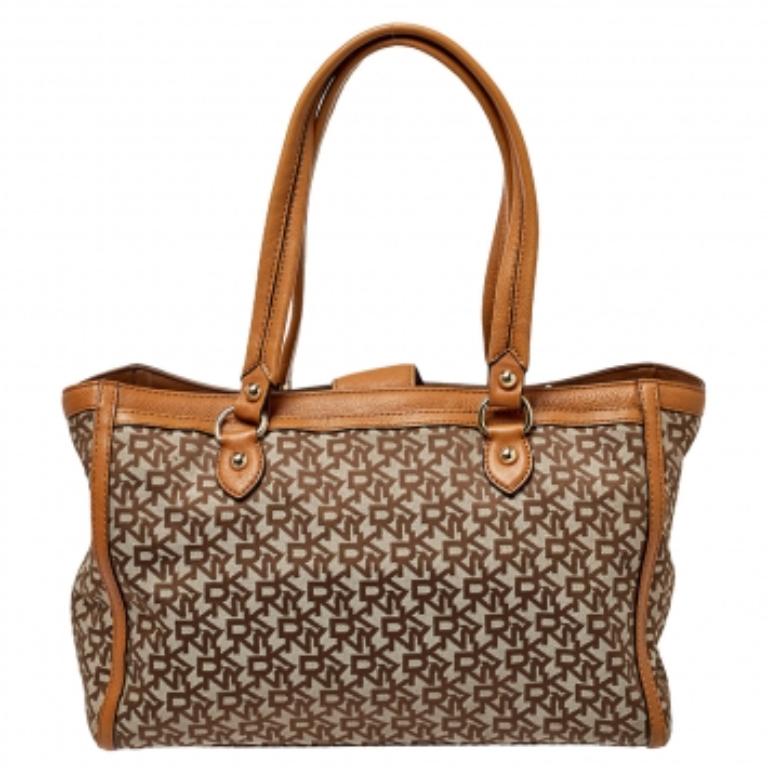 Dkny Beige/Tan Signature Canvas and Leather Tote For Sale 1