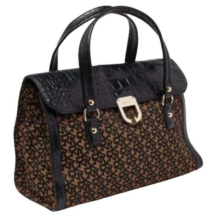 DKNY Schwarz/Braun Monogram Canvas und Croc geprägtem Leder Turnlock Flap Tote