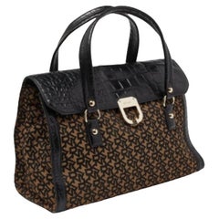 DKNY Schwarz/Braun Monogram Canvas und Croc geprägtem Leder Turnlock Flap Tote