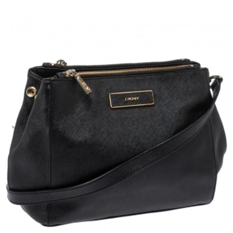 Dkny Black Leather Double Zip Shoulder Bag en vente 5