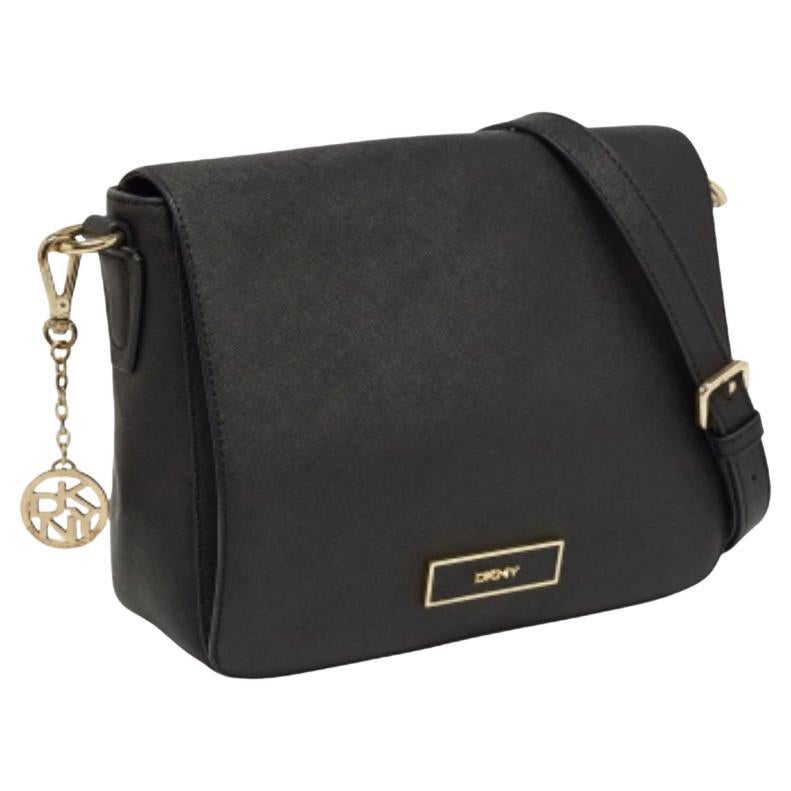 DKNY Black Leather Logo Flap Shoulder Bag