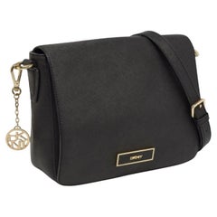 DKNY Black Leather Logo Flap Shoulder Bag
