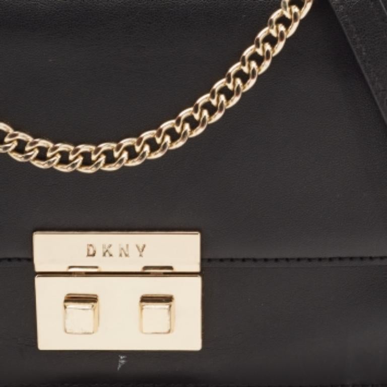 DKNY Black Leather Pushlock Flap Chain Crossbody Bag en vente 3