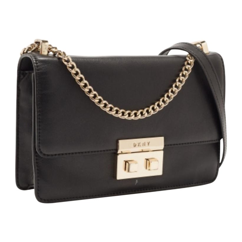 DKNY Black Leather Pushlock Flap Chain Crossbody Bag en vente
