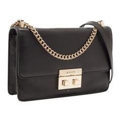 DKNY Black Leather Pushlock Flap Chain Crossbody Bag
