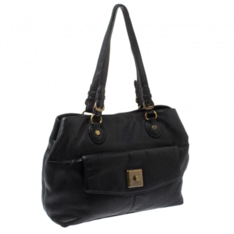 Dkny Black Leather Turnlock Pocket Tote For Sale 5