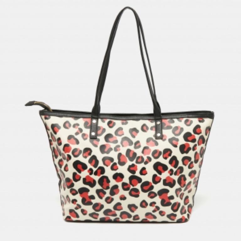 Beige Dkny Black/Red Leopard Print Coated Canvas Zip Tote For Sale