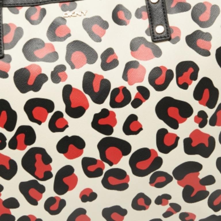 Dkny Black/Red Leopard Print Coated Canvas Zip Tote For Sale 1