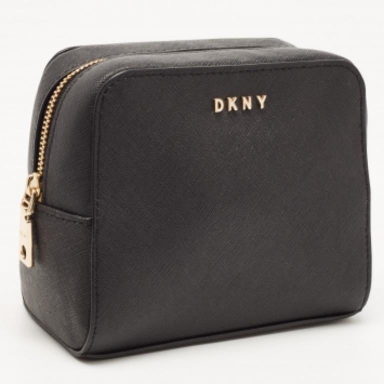 DKNY Schwarzes Saffiano-Leder-Kosmetiktäschchen im Angebot 4