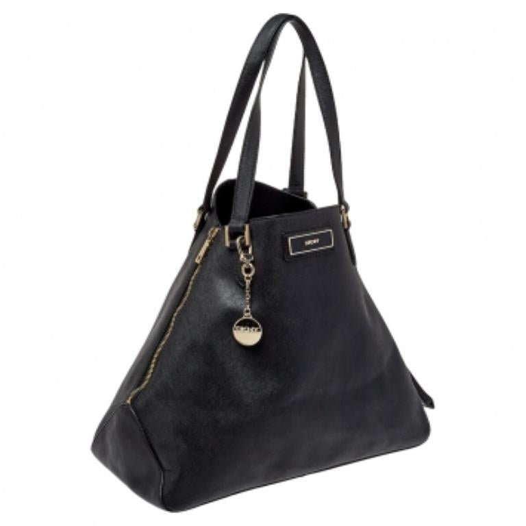 DKNY Black Saffiano Leather Double Zip Tote For Sale 4