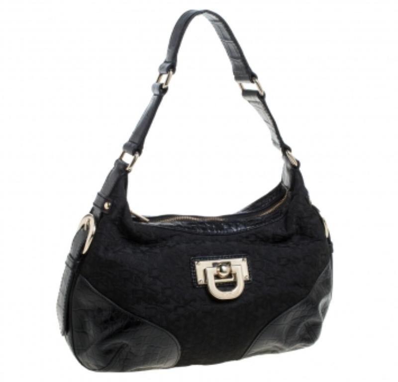 Women's Dkny Black Signature Canvas and Croc Embossed Leather Buckle Hobo For Sale