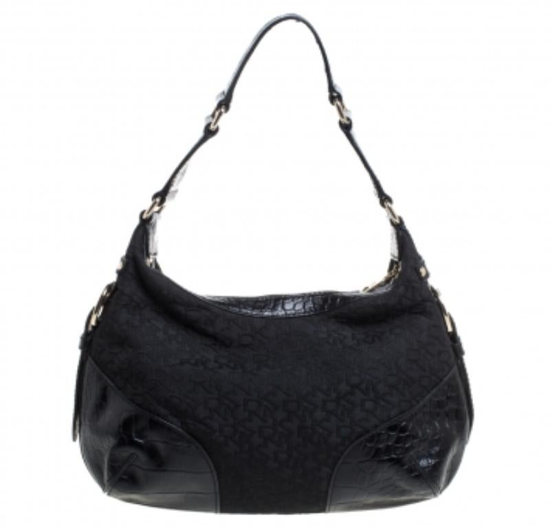 Dkny Black Signature Canvas and Croc Embossed Leather Buckle Hobo For Sale 1