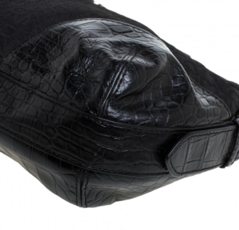 Dkny Black Signature Canvas and Croc Embossed Leather Buckle Hobo For Sale 3