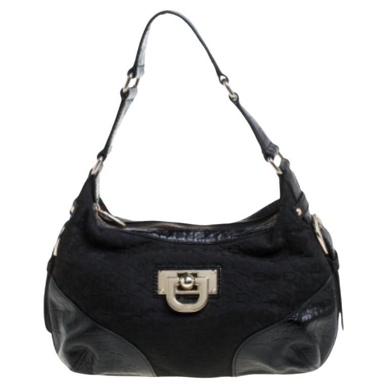 Dkny Black Signature Canvas and Croc Embossed Leather Buckle Hobo For Sale