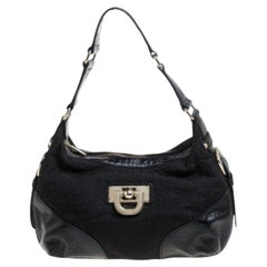 Dkny Black Signature Canvas and Croc Embossed Leather Buckle Hobo