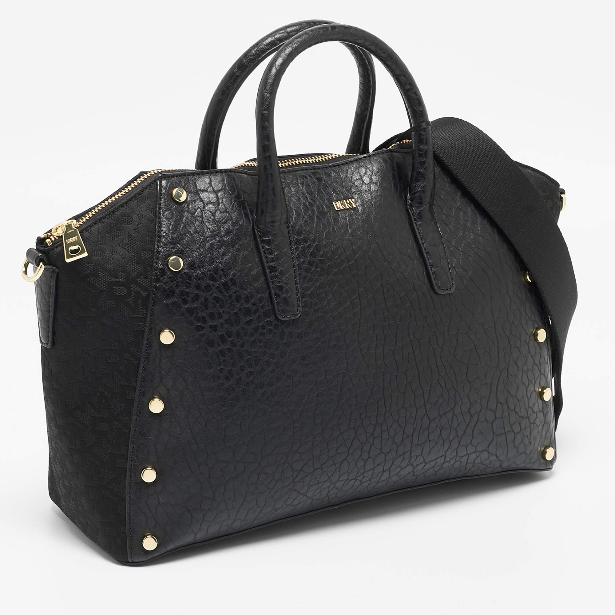 DKNY Black Signature Canvas and Leather Ewen Studded Satchel In Excellent Condition In Dubai, Al Qouz 2