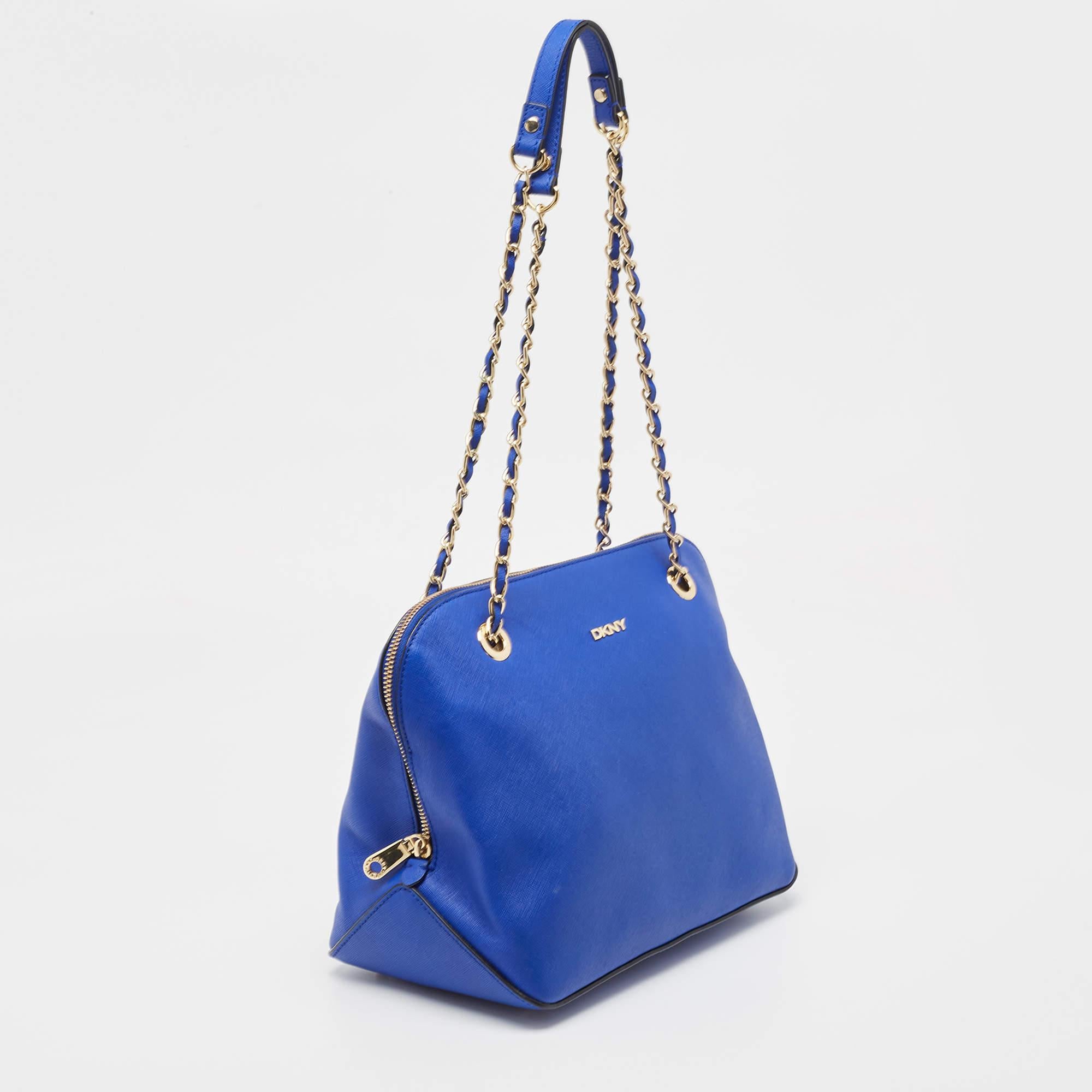Women's Dkny Blue Saffiano Leather Dome Shoulder Bag