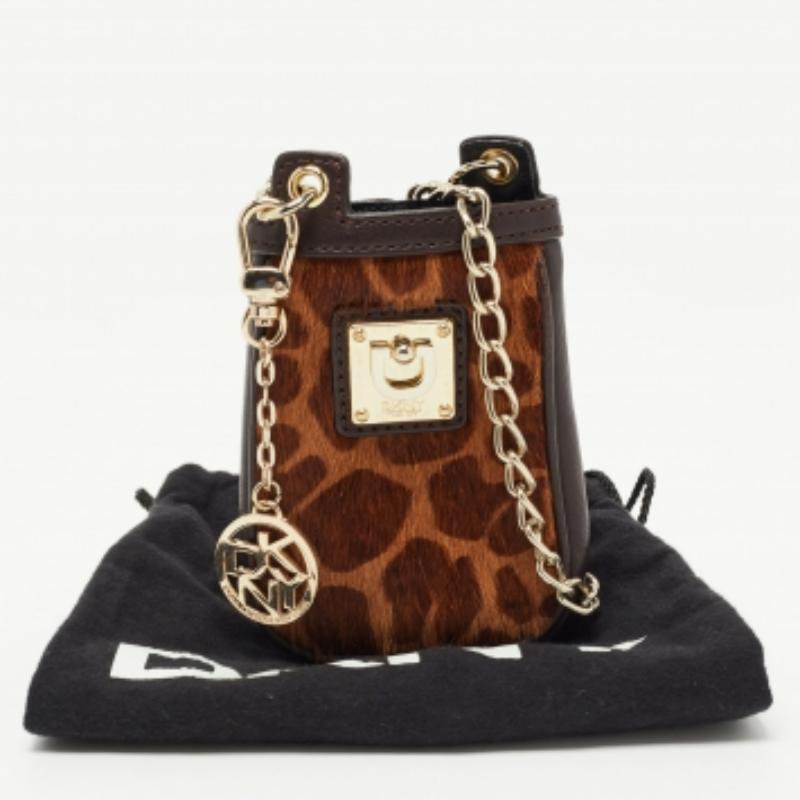 DKNY Brown Leopard Print Kalbshaar und Leder Kette Telefon Fall im Angebot 2