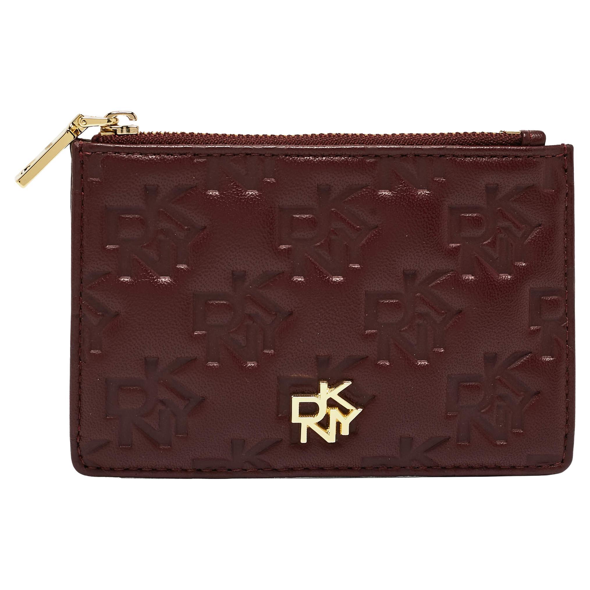 DKNY Burgundy Signature Embossed Leather Catherine Key Card Case For Sale