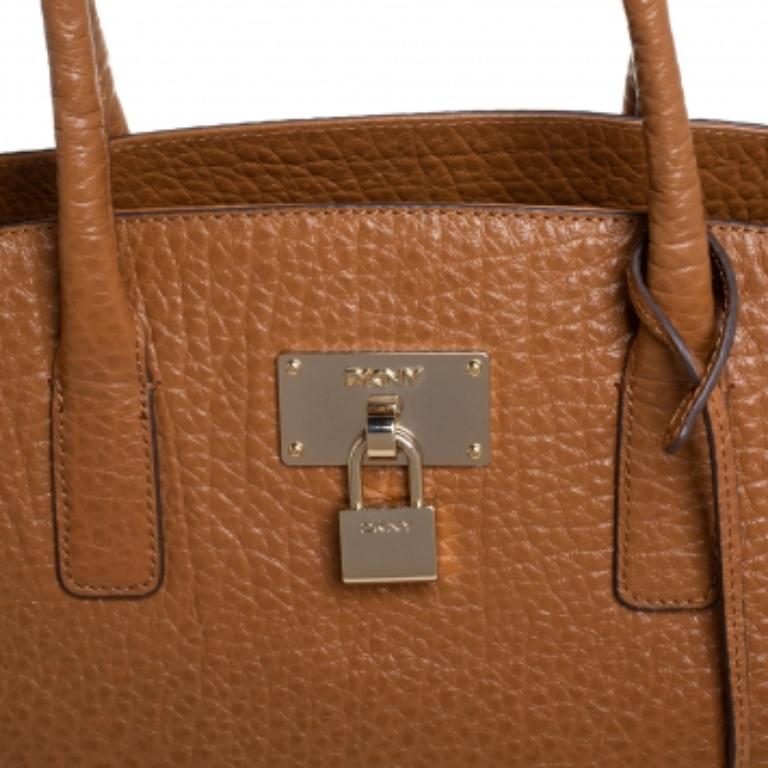DKNY Caramel Brown Pebbled Leather Padlock Tote For Sale 2