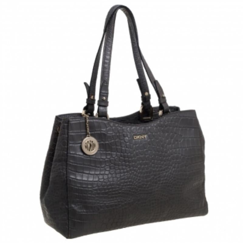 DKNY Grey Crocodile Embossed Leather Tote For Sale 5