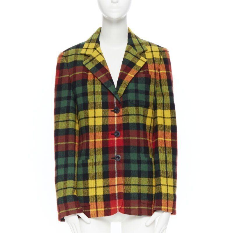 DKNY JEANS Vintage 100% wool red green plaid notched lapel jacket US6 In Excellent Condition In Hong Kong, NT